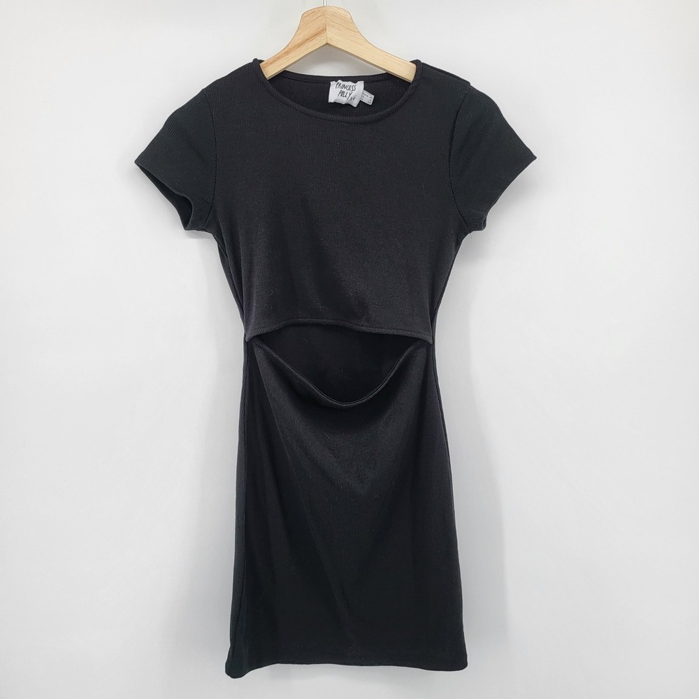 Princess Polly Black Ribbed  Cutout Short Sleeve Mini Dress Size 6 small Bodycon